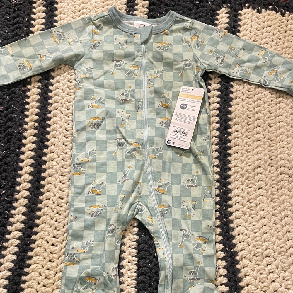 Baby Green Check Dino One-Piece Zipper Pajamas